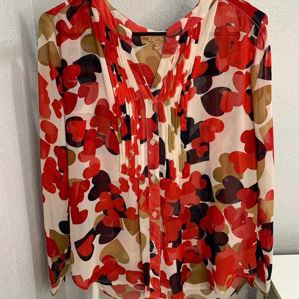 Ellen Tracy Red Heart Multicolor Long Sleeve Blouse, Size 6